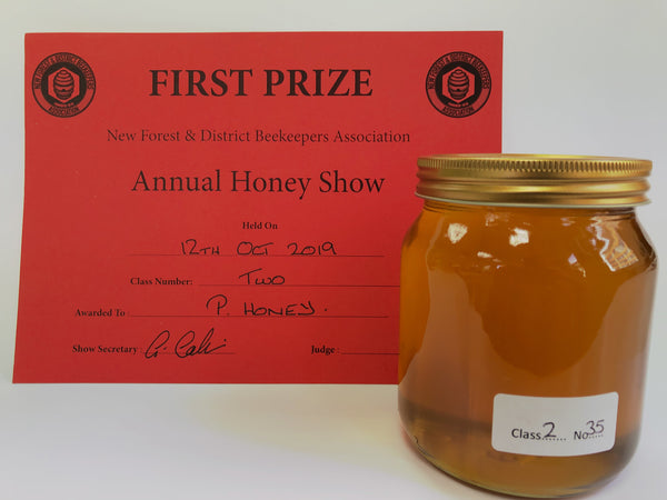 First Prize in 2019 Light Honey category at the New Forest and District Beekeepers' Honey Show 
