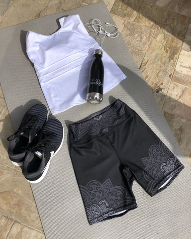 Yoga Gear featuring our Black & Grey Mandala yoga shorts