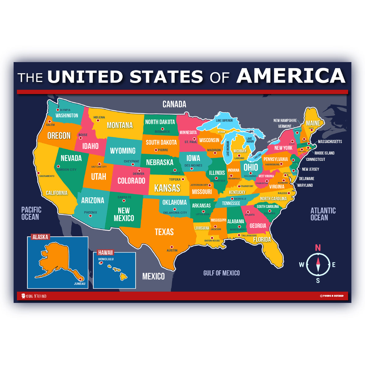 Map of USA for kids LAMINATED Large Poster – Young N' Refined