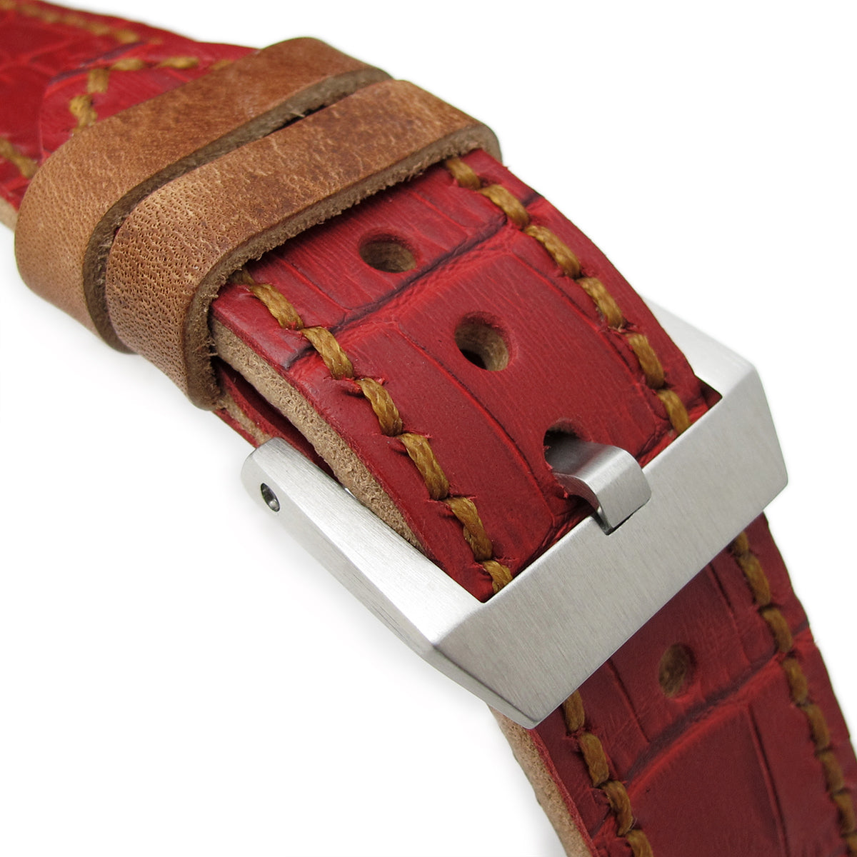 24mm MiLTAT Antipode Watch Strap Matte Red CrocoCalf in Tan Hand Stitches Strapcode Watch Bands