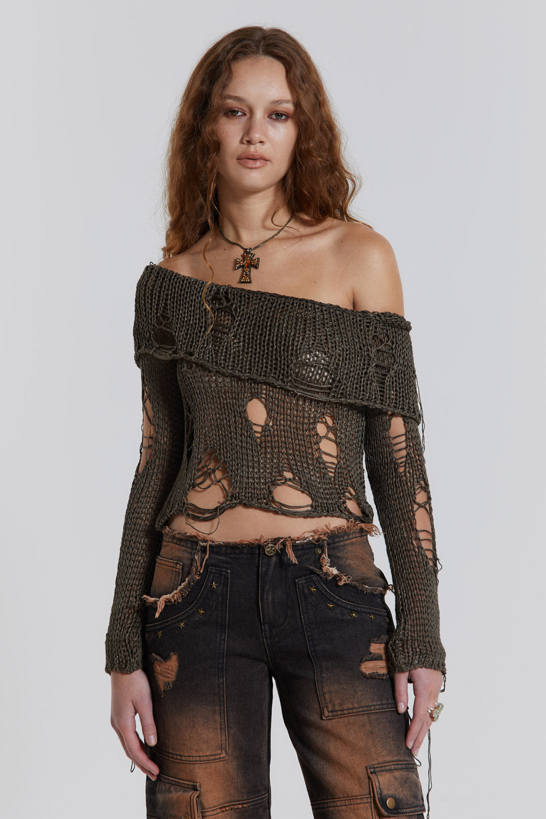 Esra Laddered Knit Off The Shoulder Top