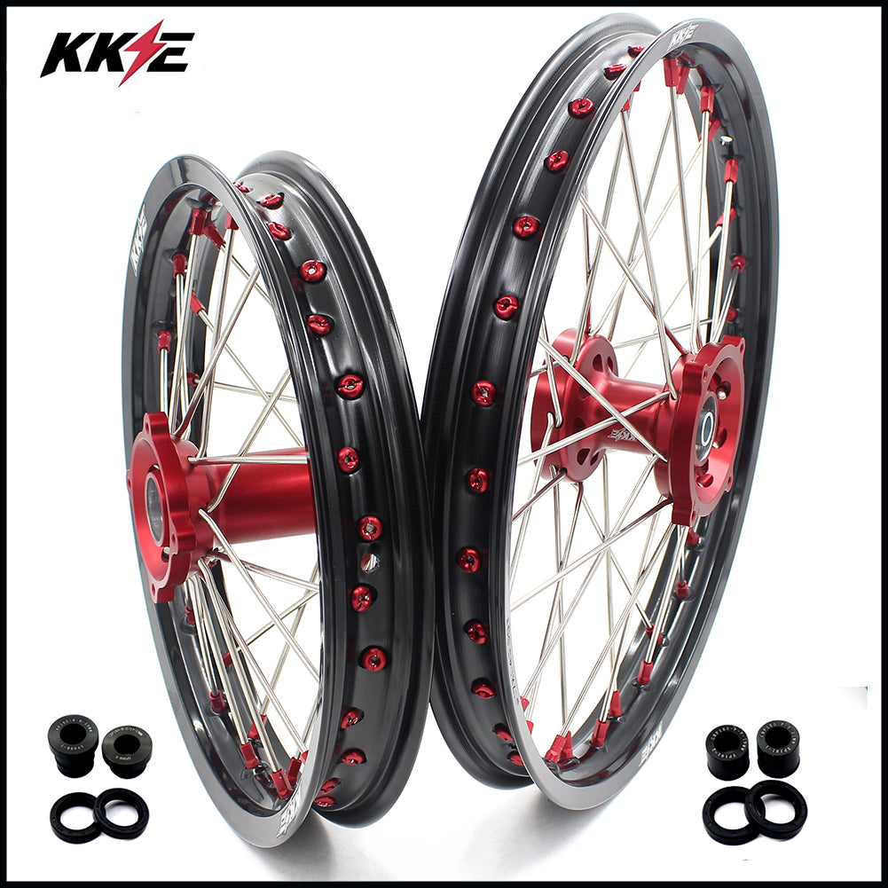 KKE 19/16 Spoked Kid's Wheels Rims Set Compatible with CRF150R 2007-2021 Red Nipple 