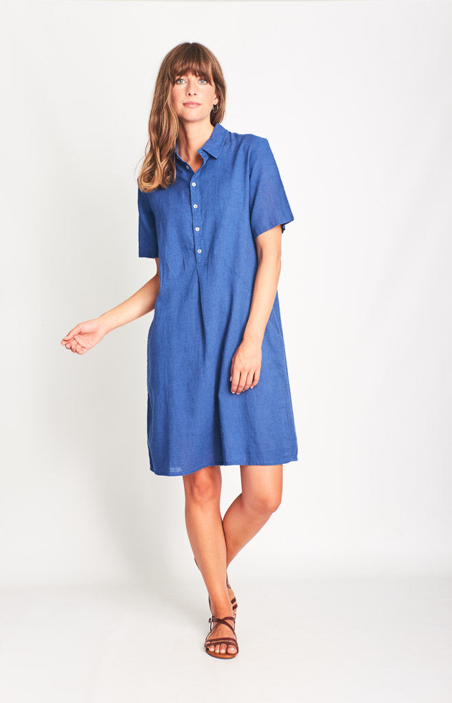 sea blue linen shirt dress