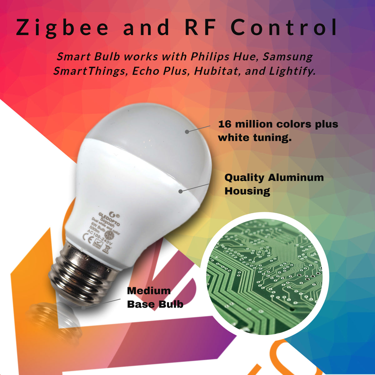 Gledopto Standard Base Multi-color 6 watt bulb U.S E26 Base Zigbee Light Link,