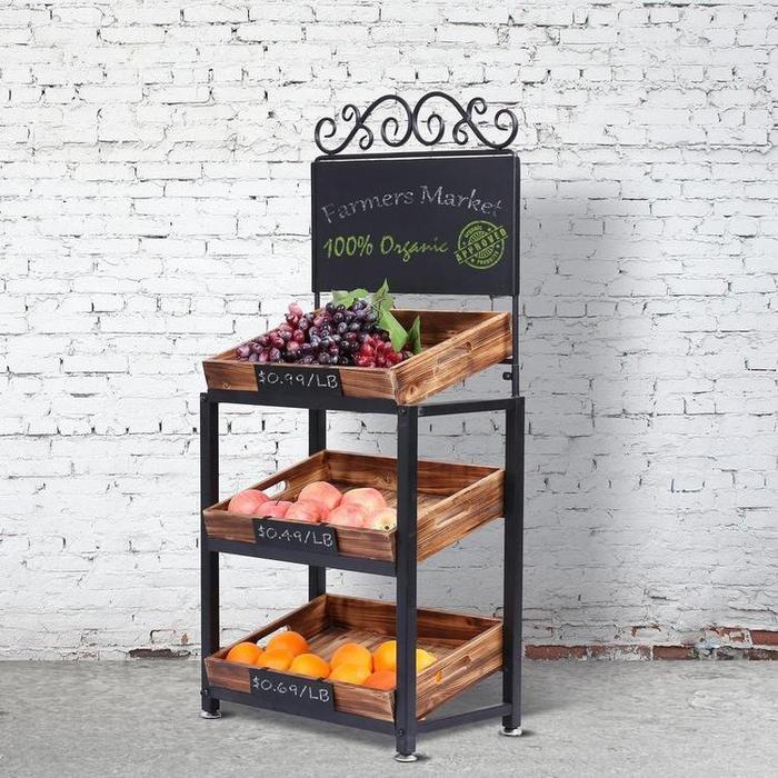 3-Tier Vintage Metal & Burnt Wood Produce Stand with Chalkboard Signs