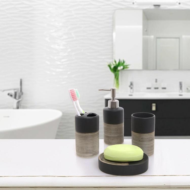 Mygift Deluxe Black Beige Ceramic Bathroom Set soap Toothbrush Holder 4 Piece 