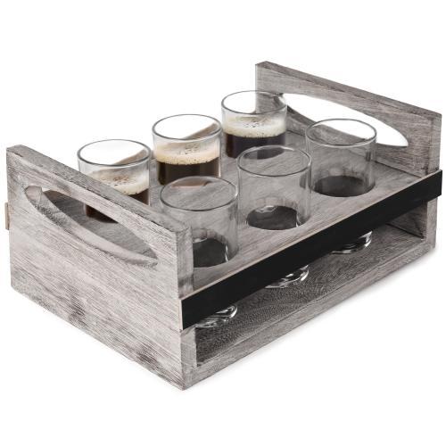 MyGift 6-Glass Craft Beer Flight Tasting Serving Set with Chalkboard Panels & Brown Wood Holder Tray