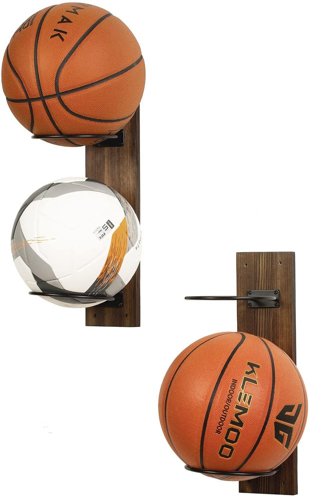 MyGift Wall-Mounted Sports Ball Display Rack Set of 2 Soccer and Volleyball Rustic Burnt Wood Ball Holder for Basketball Football 