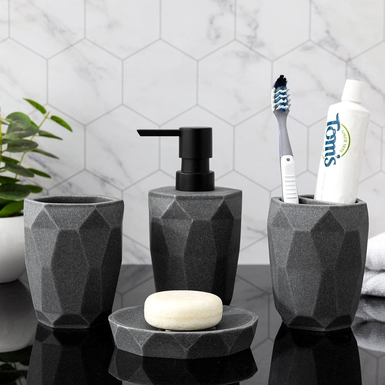 4 Piece Geometric Dark Gray Concrete Bathroom Accessory Set - Liquid Soap  Lotion Dispenser, Toothbrush Holder, Tumbler, Soap Dish