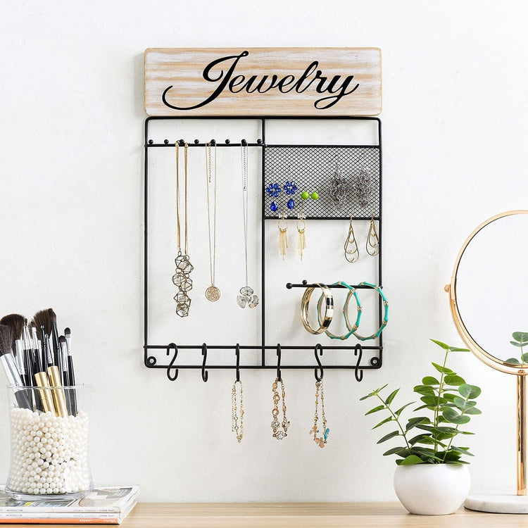 Jewelry Organizer Wooden Wall Mounted Holder for Earrings Necklace Matte Black 