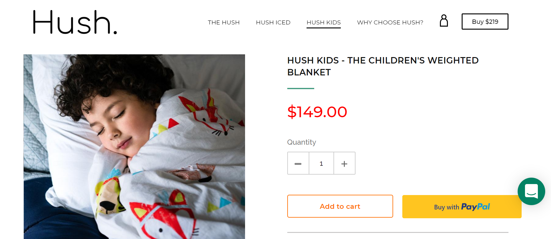 screenshot of the hush kids children's weighted blanket listing