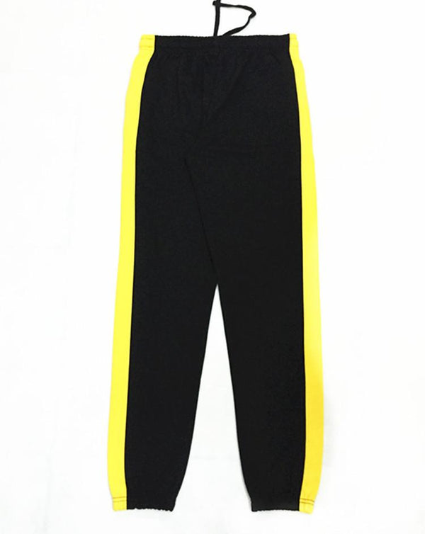 black sweatpants with yellow stripe