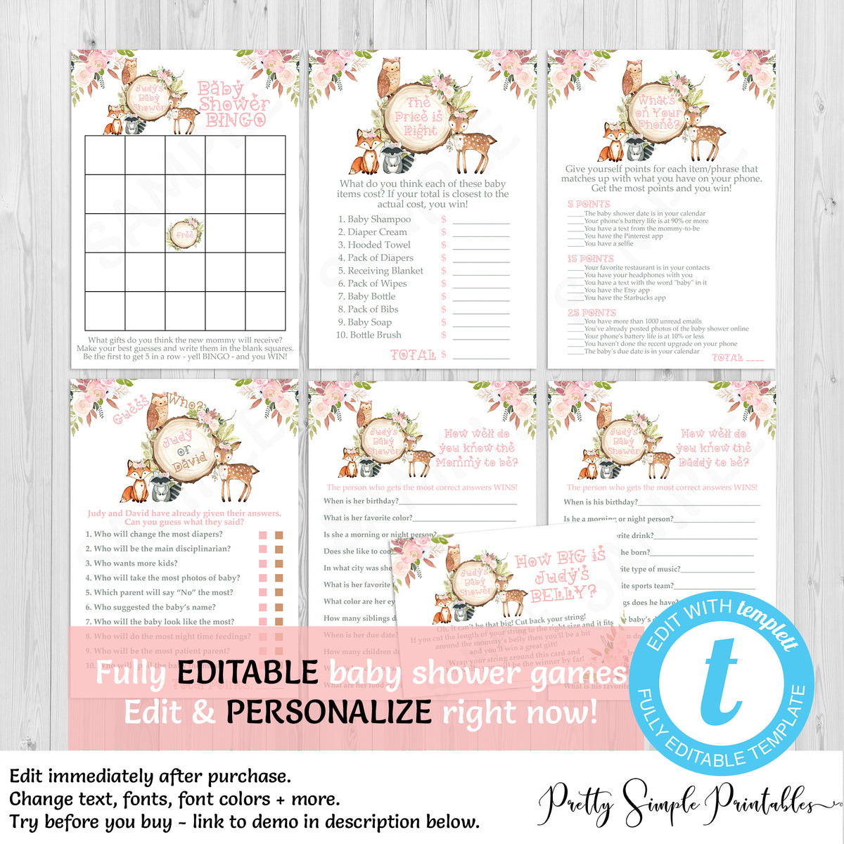 Pink Woodland Baby Shower Games Bundle Floral Wd06 Pretty Simple Printables