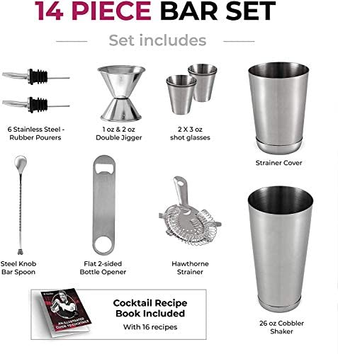Perfect Bar Set for Home Bar with All Essential Bar Tools Proost 14-piece Stainless Steel Cocktail Shaker Set with Bamboo Stand & Drink Recipe Booklet Martini Shaker Set Bartender Kit 