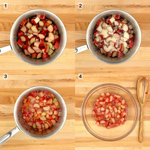 step by step guide of cooking down rhubarb in a pot with sugar