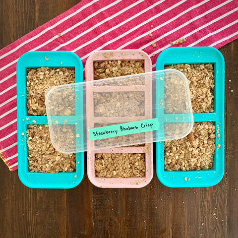 image of 3 souper cubes trays filled with strawberry rhubarb crisp