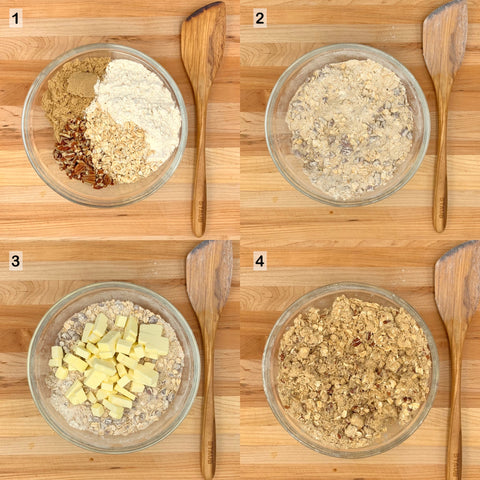image of flour, rolled oats, brown sugar, and pecans for strawberry rhubarb crisp topping