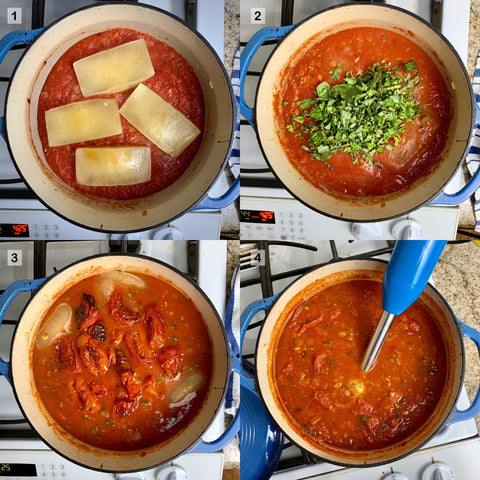 process shot of making creamy tomato basil soup by including stock and roasted tomatoes