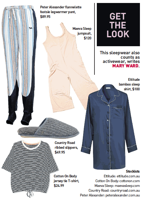 the Sunday age newspaper, print editorial feature in fashion section. Editorial article about sleepwear and pyjamas being the new activewear - featuring the nala jumpsuit by MAEVA Sleep. Luxury French Terry, comfortable, breathable and soft.