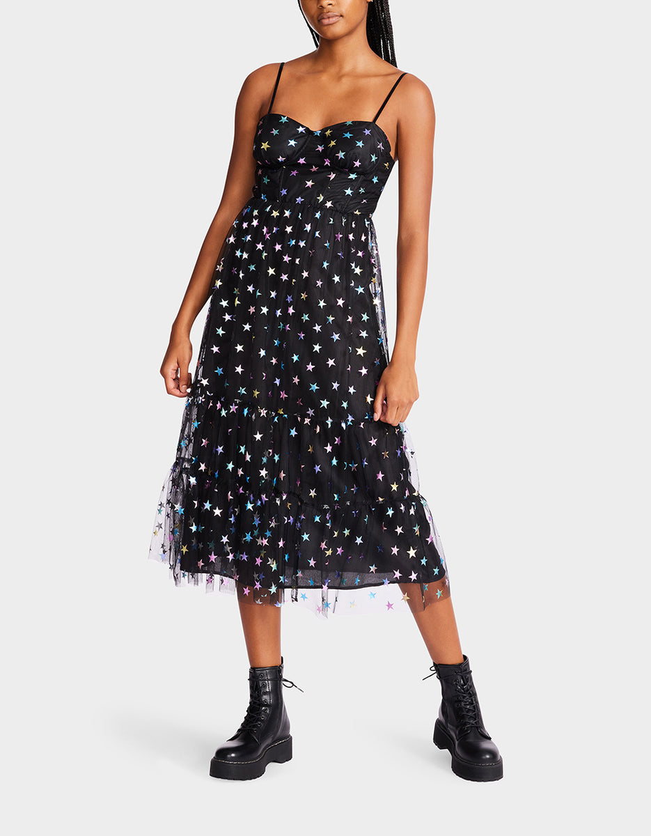 RAINBOW STAR MESH MIDI DRESS BLACK