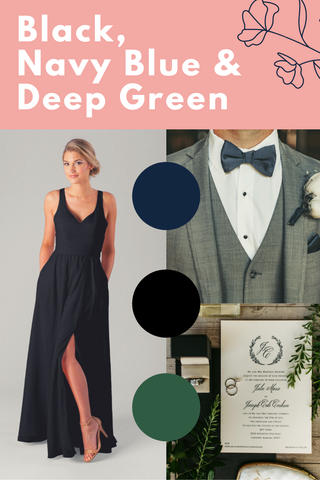 black, navy blue and deep green wedding palette