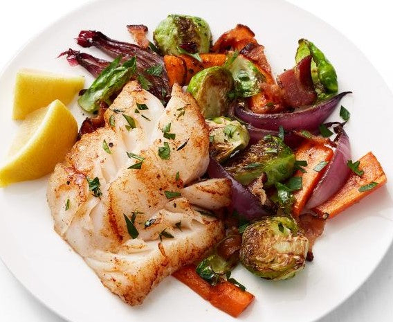 Roasted Cod with Carrots and Brussels Sprouts