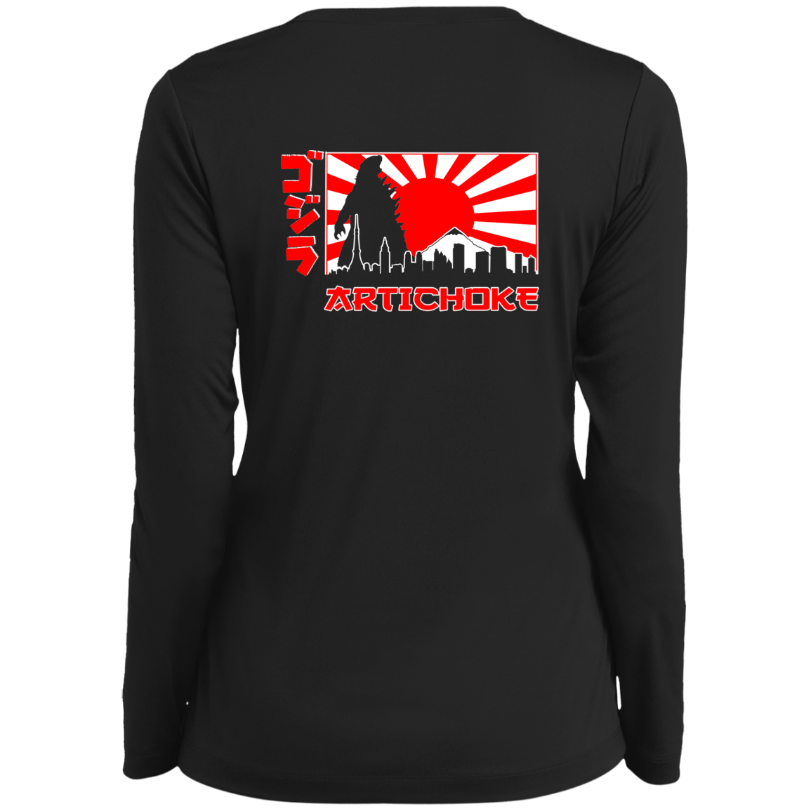 ArtichokeUSA Custom Design. Fan Art Mechagodzilla/Godzilla. Ladies’ Long Sleeve Performance V-Neck Tee