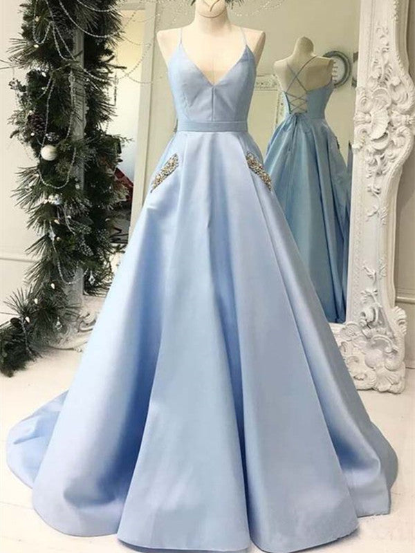 light blue v neck prom dress