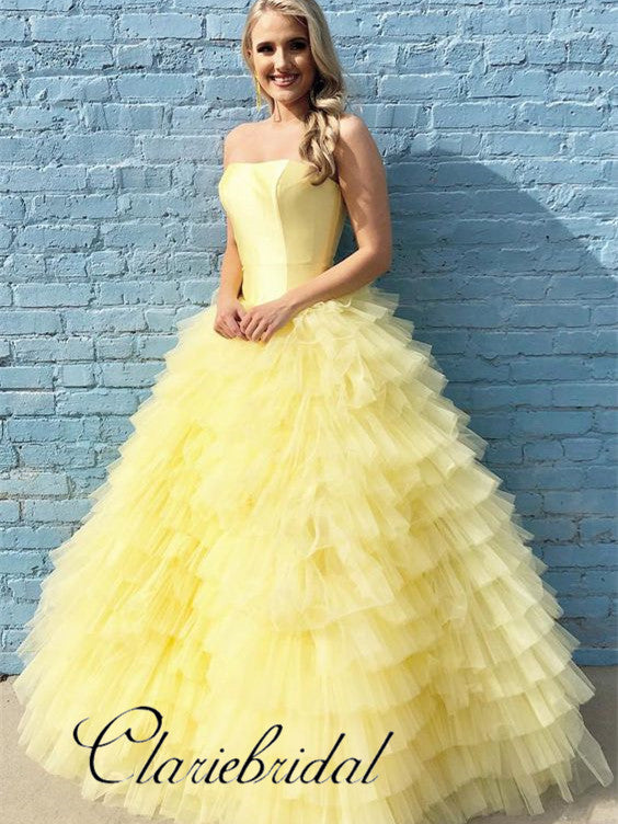 yellow puffy prom dress