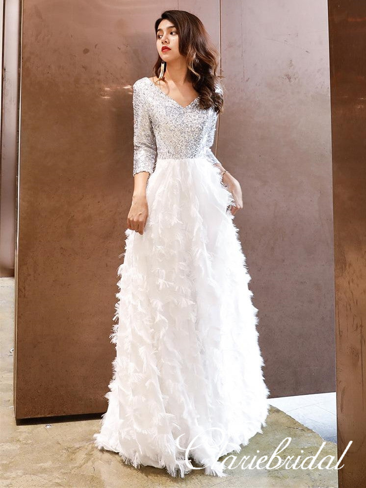 white feather prom dress