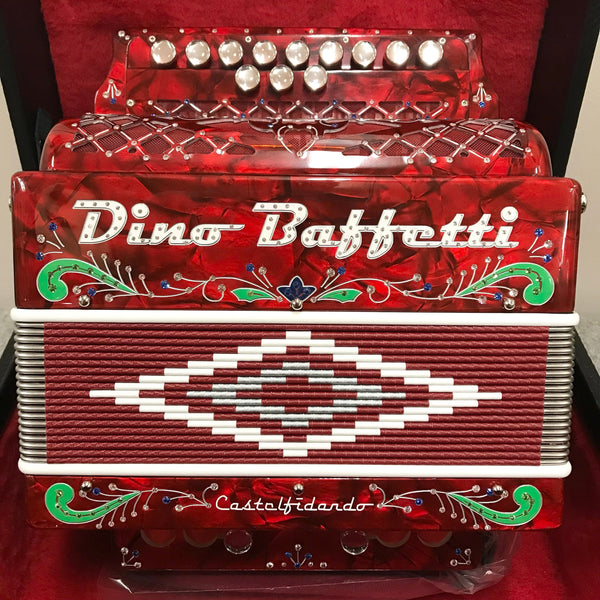 Dino Baffetti ART22-LUSSO-ROSSO-DO Celluloid 2 Bass Diatonic Accordion with Hardshell Case and Straps-Key of C-Music World Academy