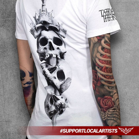 Black and white skull t-shirt by the talented FK Irons Pro Team tattoo artist, Javi Antunez