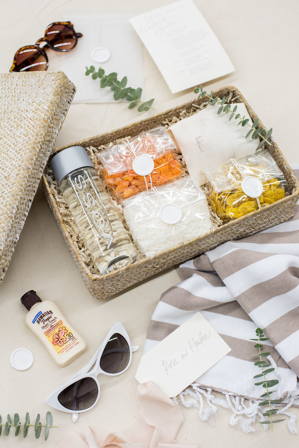 Beach destination wedding welcome baskets