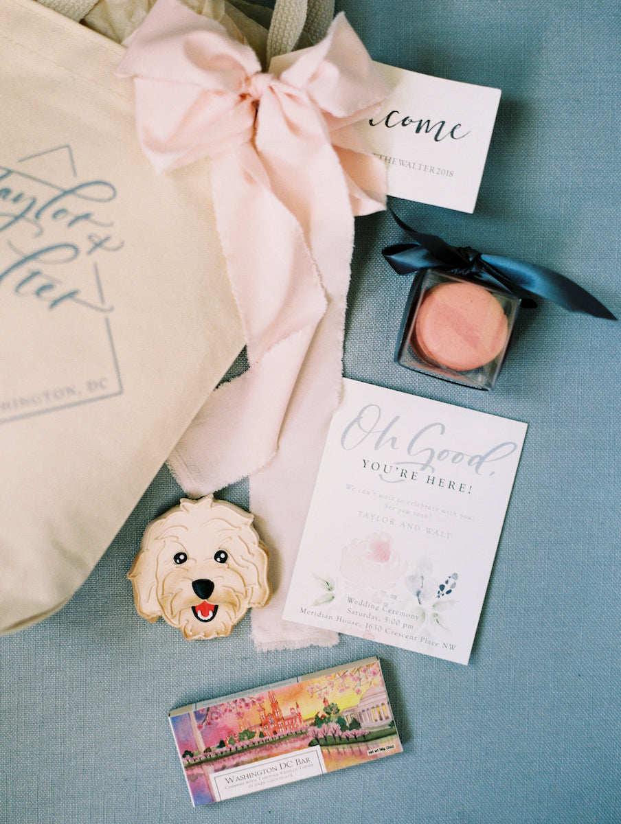 DC wedding welcome tote bags with dog cookie