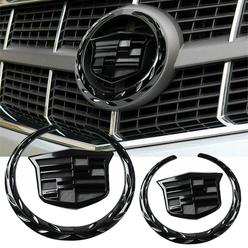 2x Black Color Front Grille Trunk Lid Emblems for Cadillac Escalade CTS SRX XTS
