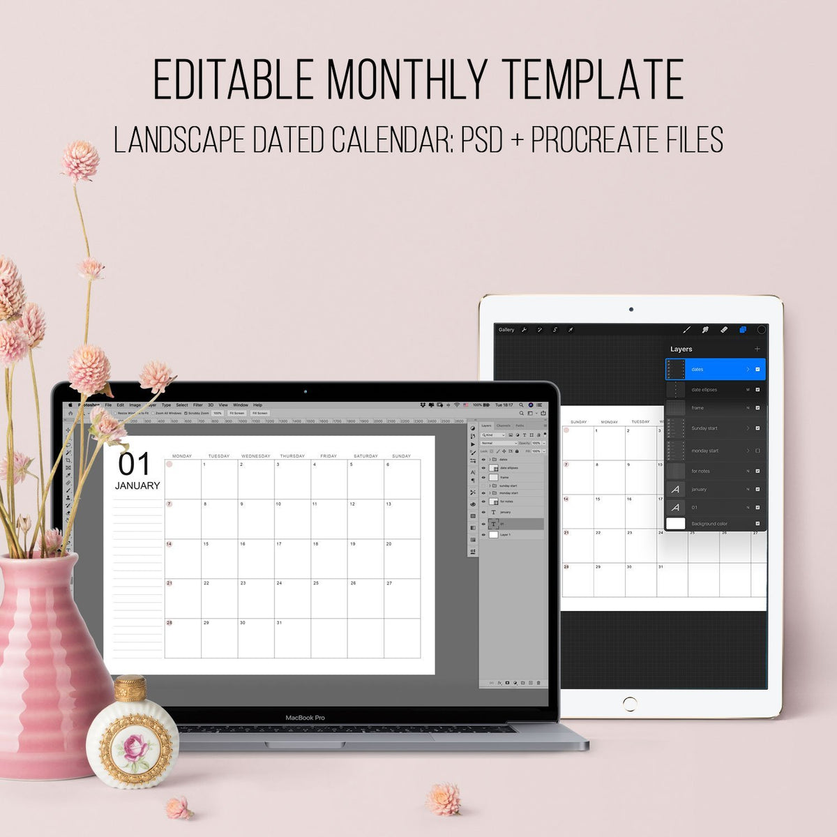 Editable Monthly Calendar template Landscape PSD Procreate Com