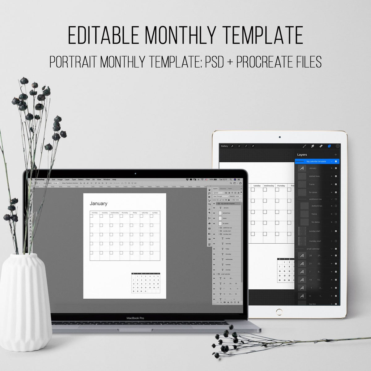 Editable monthly Calendar Template Portrait PSD Procreate Comm