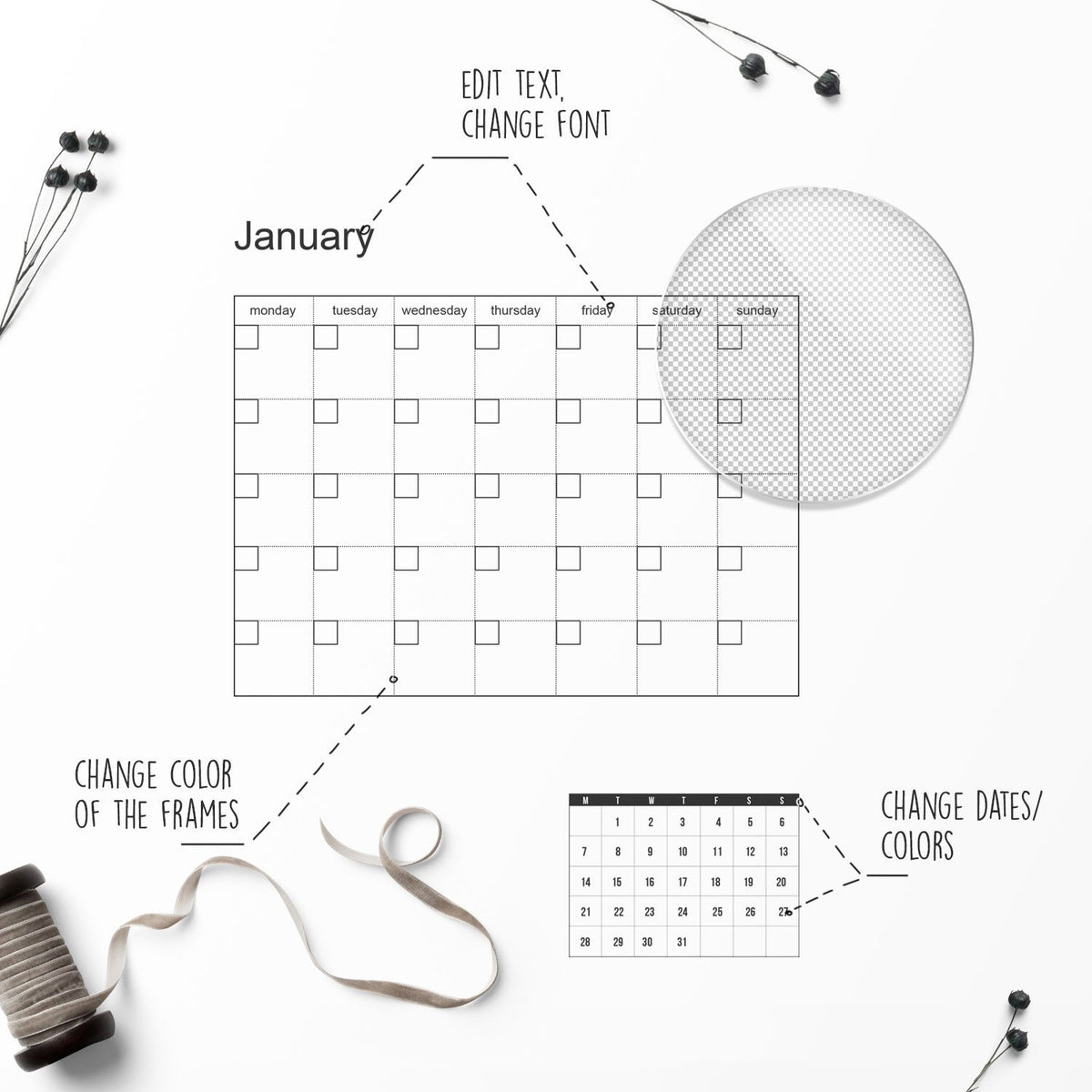 Editable monthly Calendar Template Portrait PSD Procreate Comm