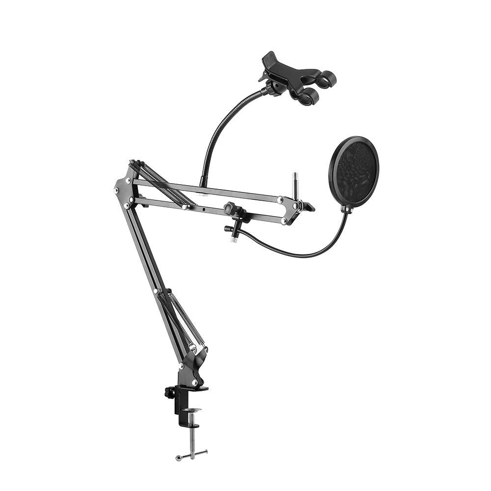 Deskmount Microphone Stand With Rotating Phone Holder Pop Filter