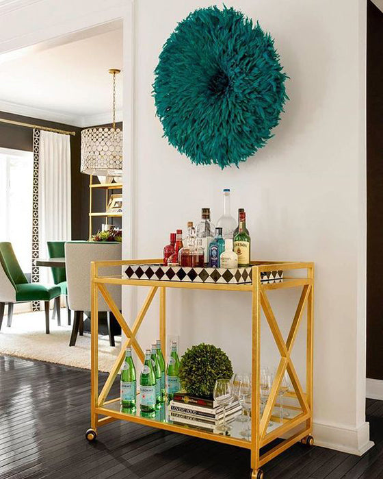 Safari Journal / Blog by Safari Fusion | Bamileke feather headdress styling | Beautiful bar cart styling with our Emerald Bamileke Feather Headdress [Juju Hat] | Interiors by Michael Preston Interiors