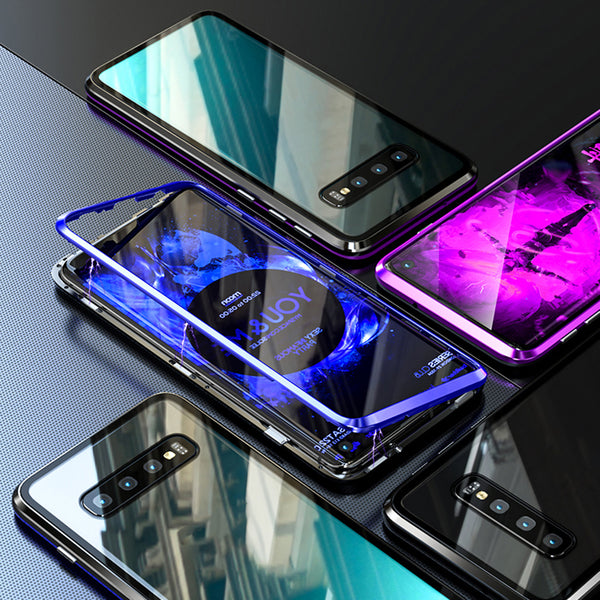 Magnetic Adsorption Aluminum Alloy Bumper Tempered Glass Back Cover Protective Case For Samsung Galaxy S10 Plus