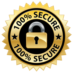 Round, gold 100 percent secure badge with padlock