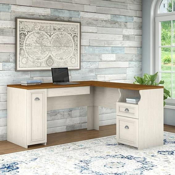 Bush Furniture Fairview L Shaped Desk Antique White Tea Maple