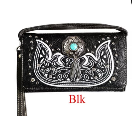 Black wallet with turq stone/feather