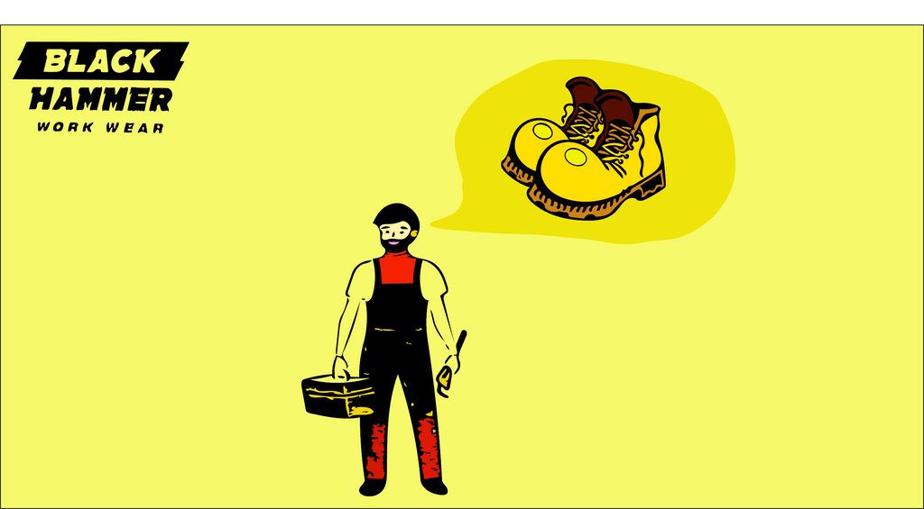 male worker holding a tool box and a brush thinking of safety footwear
