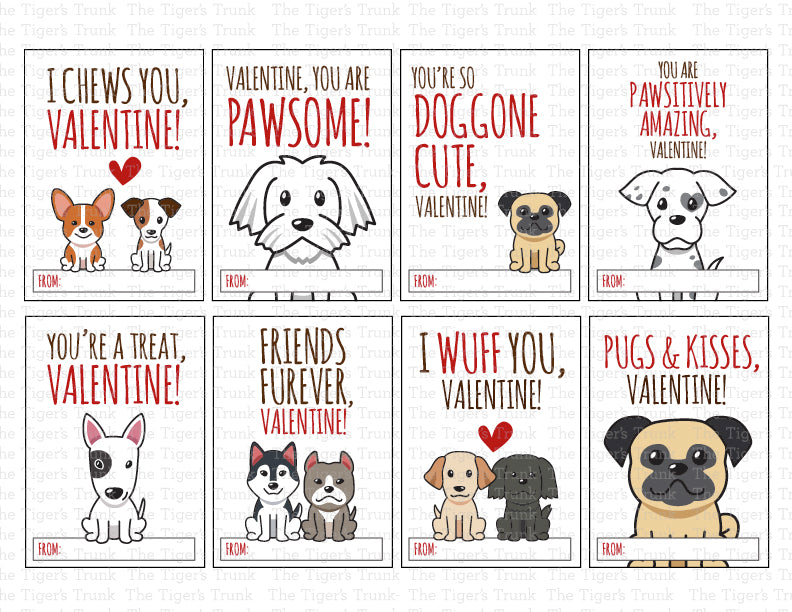 Pugs and Kisses Valentine greeting card Printable Dog Lover Valentine's  Day greeting card.