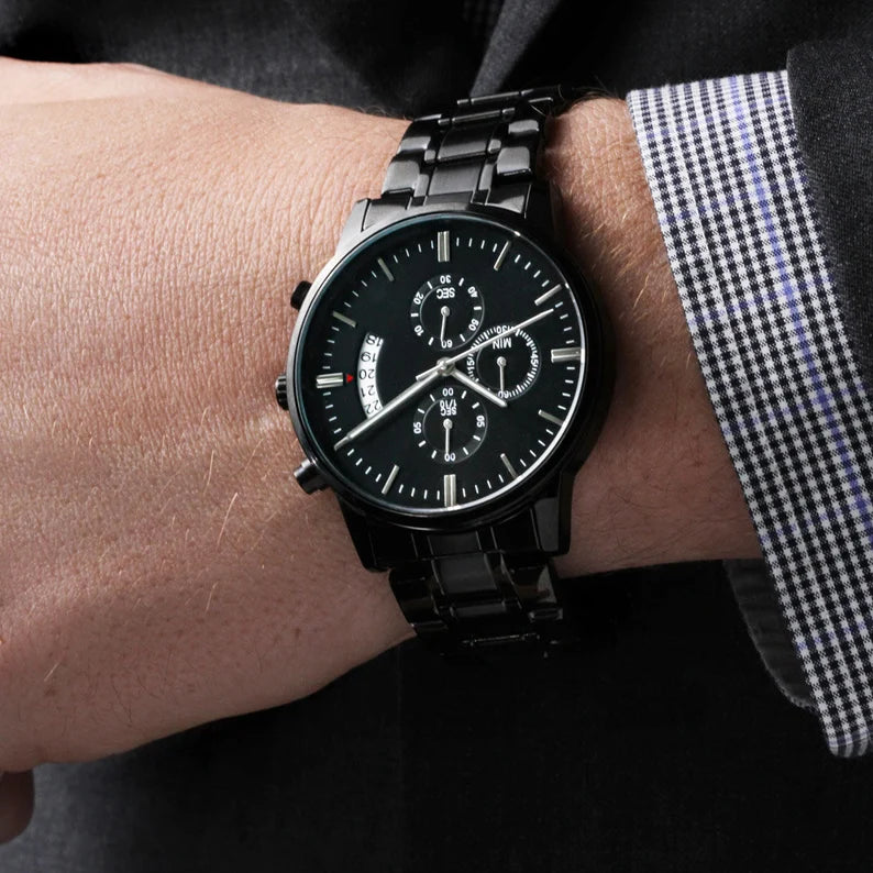 Gift For Son Engraved Design Black Chronograph Watch - Present For Son