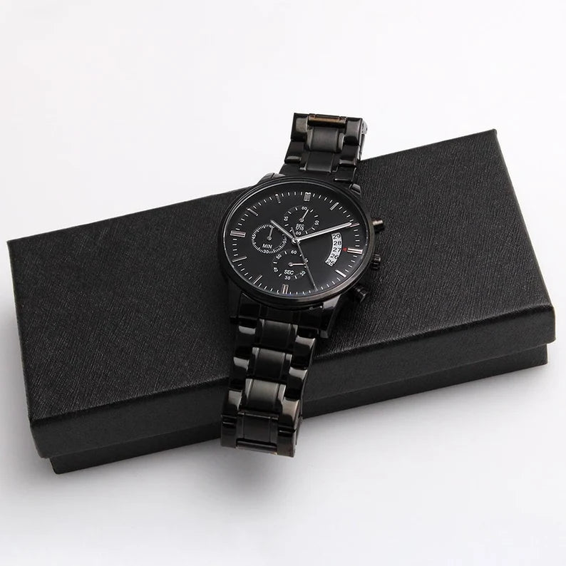 Gift For Dad Engraved Design Black Chronograph Watch - Biker Dad Gift From Daughter, Father's Day Gift From Son