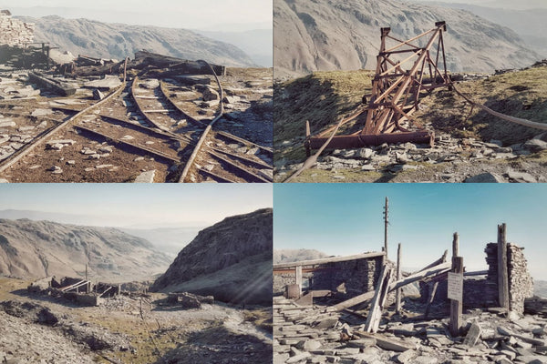 A montage of photos of the old industry left behind on Coniston Old Man