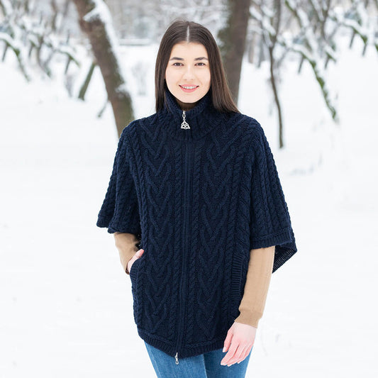 Funnel Neck Poncho Jacket-Navy